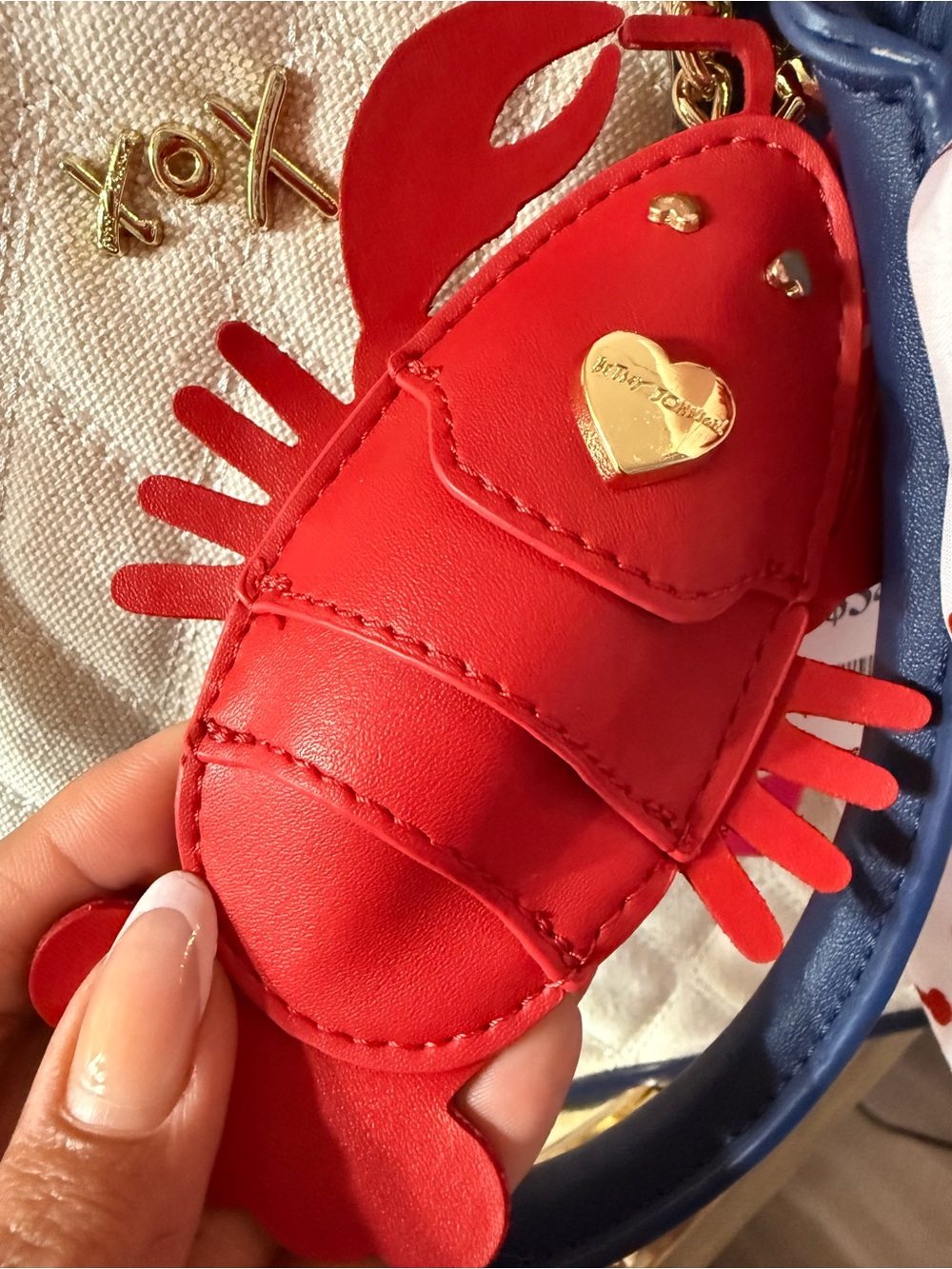 Betsy Johnson Quilted Cream & Navy Tote with Red Lobster Charm - Picture 3 of 9